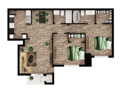 A floor plan of a house with a kitchen, living room, and dining area.
